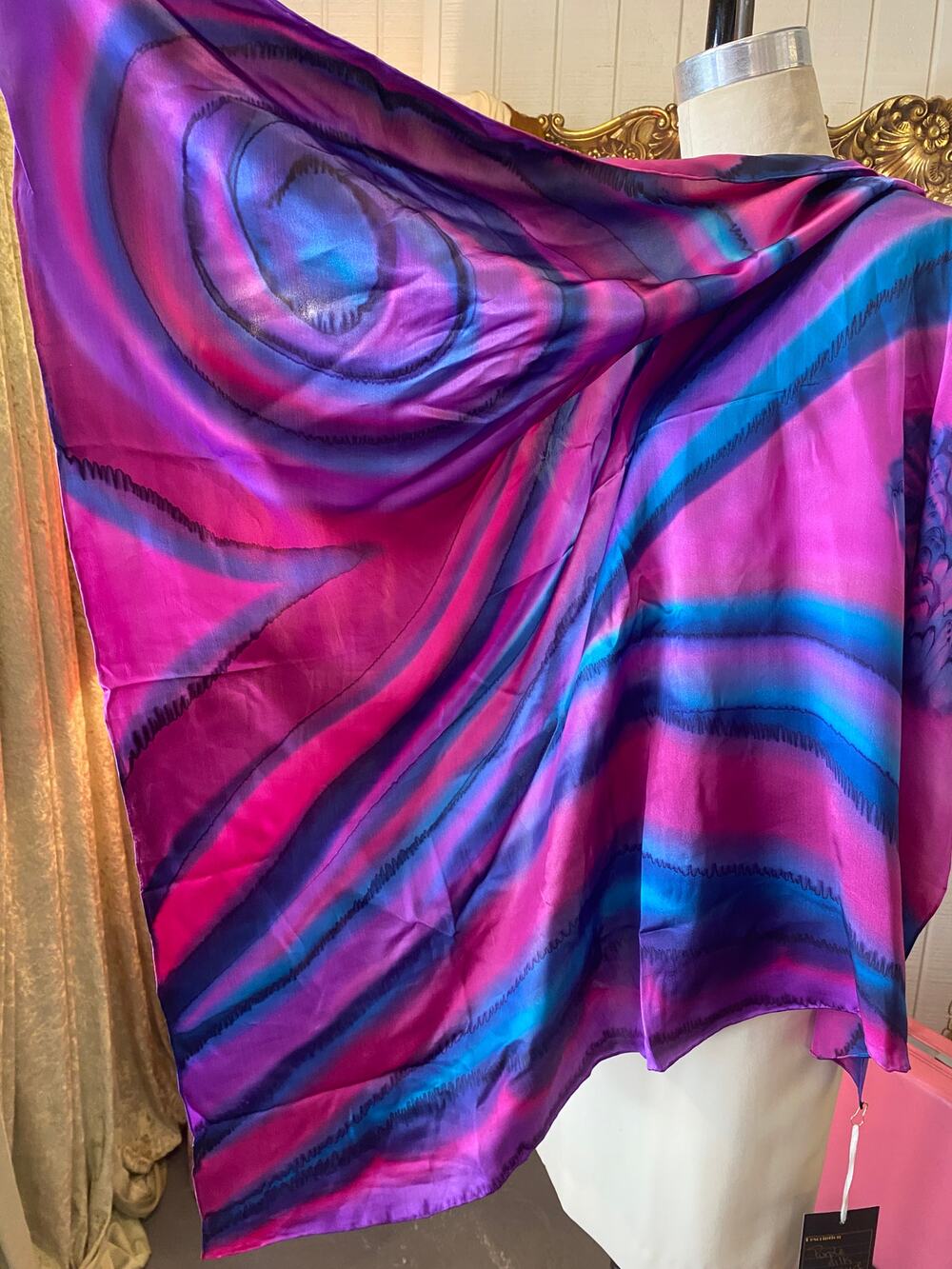 vintage 1960s silk scarf, magenta teal purple, large wrap, hand dyed, art wear